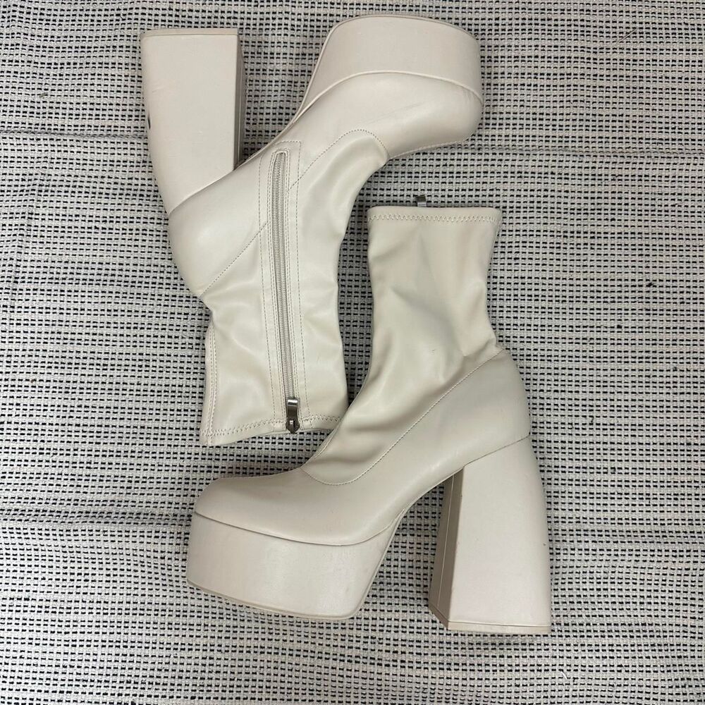 Cream Faux Leather Platform Chunky Ankle Block Heel Boots